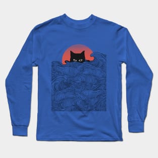 Great wave of red sun and kitty cat Long Sleeve T-Shirt